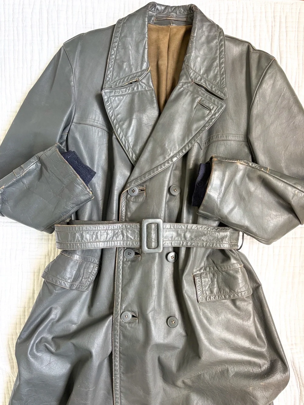 Rare German Leather Convertible Motorcycle Trench Coat WWII Era? Astor Hardware